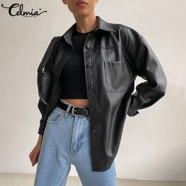 

2021 pu leather jackets celmia women vintage long sleeve coats fashion buttons lapel neck casual outerwear solid color coats 5xl1, Black;brown