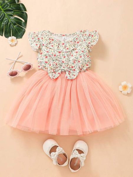 

toddler girls floral print ruffle trim bow front mesh overlay dress she, Red;yellow