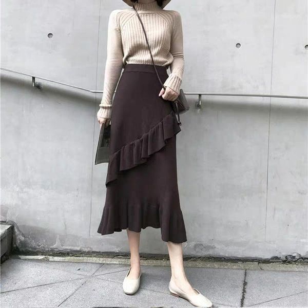 

koeran fashion a line knitted skirt women's autumn and winter wild mid-length pleated high waist wool solid causal skirts q281, Black