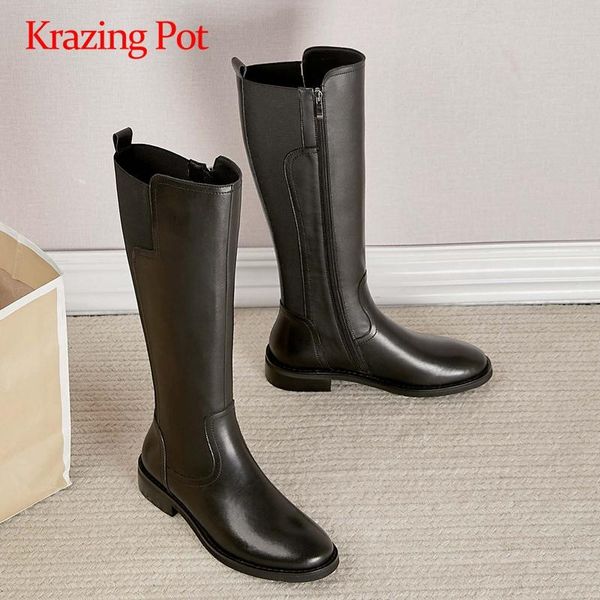 

krazing pot equestrian boots natural leather new arrival stretch round toe thick med heel zipper young lady knee-high boots l00, Black