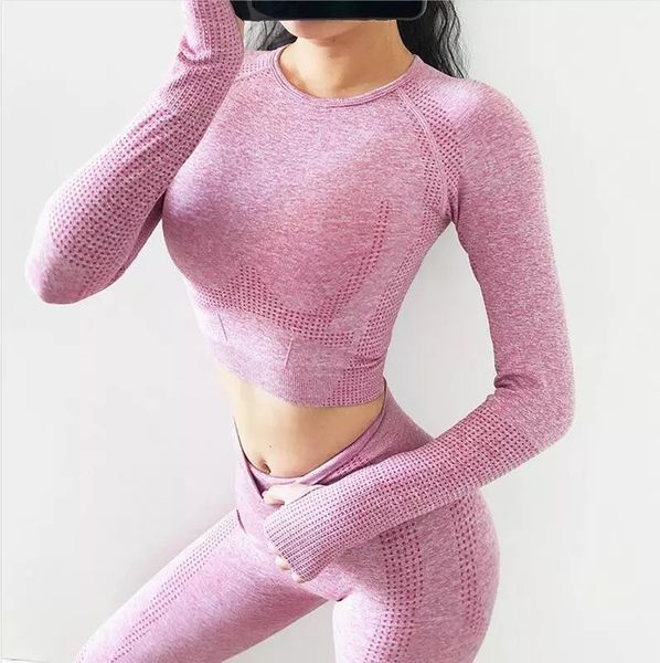 

yoga sets seamless leggings bra long sleeves shirt crop women running gym sportswear high waist fitness sports bra pant suit, Gray