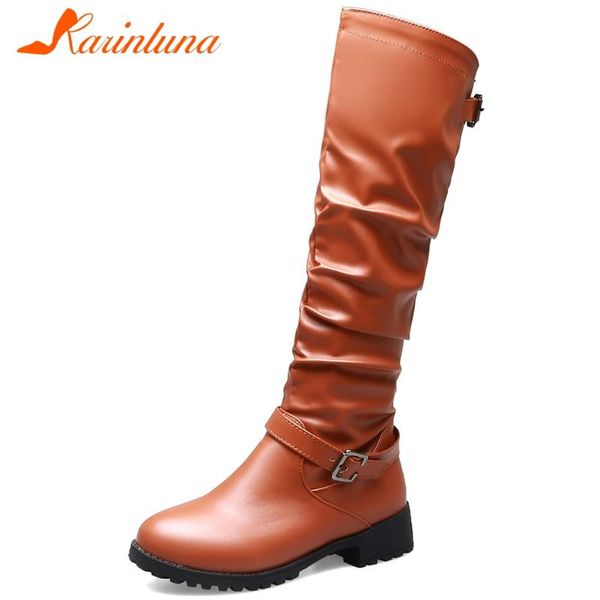 

KARIN Plus Size 33-46 Female Casual Party Boots Fashion Pleated Belt Buckle Mid Calf Boots Women Chunky Heels Shoes Woman, Black
