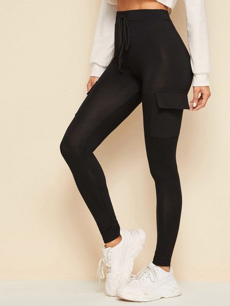 

drawstring flap pocket high-rise leggings h5w1#, Black