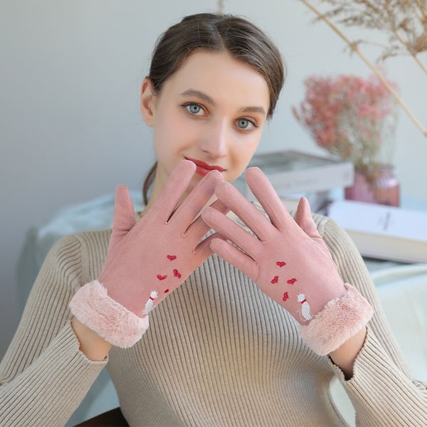 

winter ladies 2020 new touch screen wrist for cat embroidery plush inside soft outdoor warm women gloves, Blue;gray