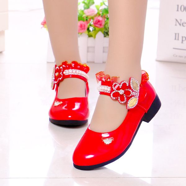 

lace skoex children's casual fashion patent leather princess shoes rhinestone dance girls low heel dress shoe, Black;red
