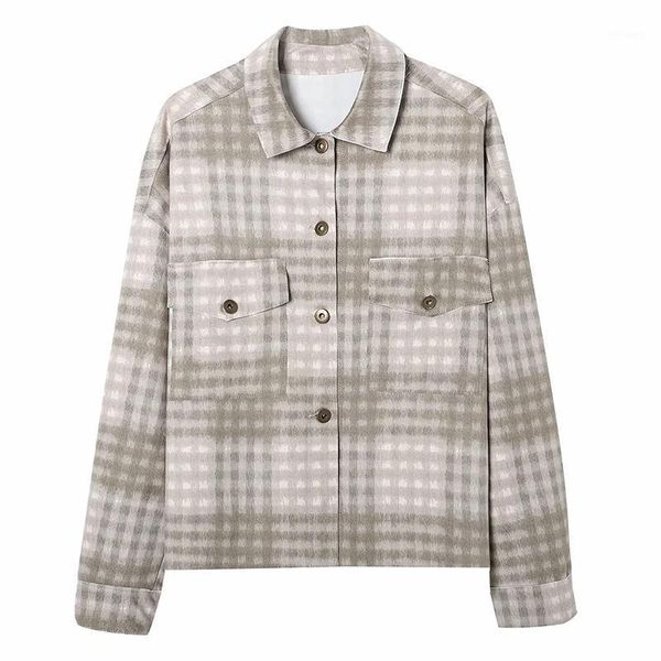 

women's jackets women simple chest pocket plaid jacket female retro all-match commute lapel long sleeve, Black;brown