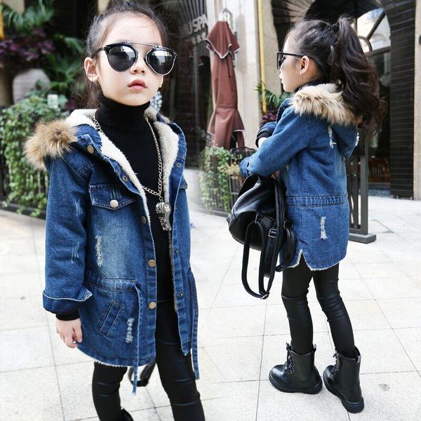 

jackets winter girls jacket children clothes denim long warm clothing kids coats cotton hooded outwear, Blue;gray