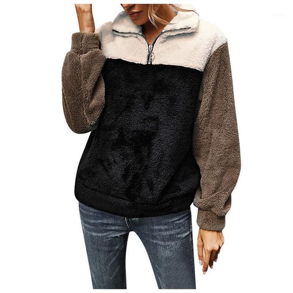 

streetwear velvet padded sweatshirts women ladies winter warm patchwork matching color pullover zipper laper tracksuit jackets1, Black