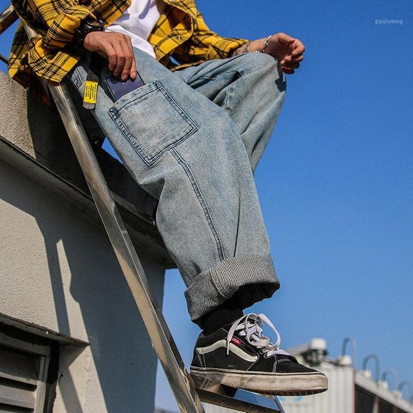 

hip hop mens jeans brand oversize casual wide leg men jeans pants high street straight washed streetwear denim trousers ds505611, Blue