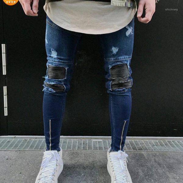 

european and american small foot badge jeans men's knee hole zipper small foot hole burst jeans pants1, Blue