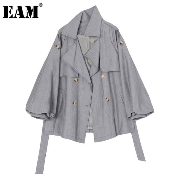 

eam] women gray back pleated bandage big size blazer new lapel long sleeve loose fit jacket fashion spring autumn 2020 1dc7110, White;black