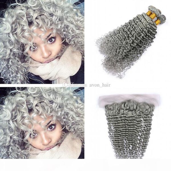 

new arrival silver grey deep wave hair 3 bundles with frontal 13x4 deep curly virgin hair extension with ear to ear frontal, Black;brown