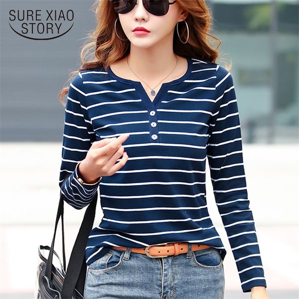 Pamuk T-Shirt Kadın Uzun Kollu Çizgili Tişört Bahar Sonbahar Kadın Giysileri Moda Üst Tee Lady V-Neck Plus Boyut 7215 220307