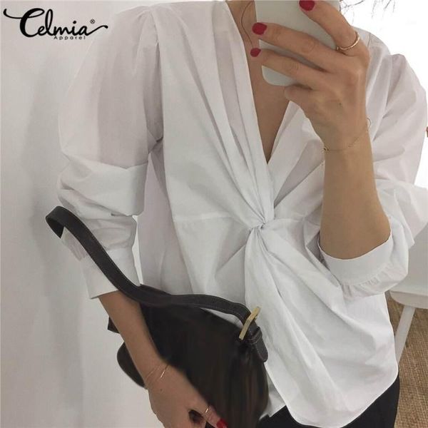 

celmia fashion casual v-neck knotted blouses women shirts autumn long sleeve blusas solid elegant work office tunic1, White