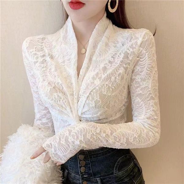 

women's blouses & shirts autumn shirt female hollow cross v-neck western style long-sleeved lace bottoming women, White