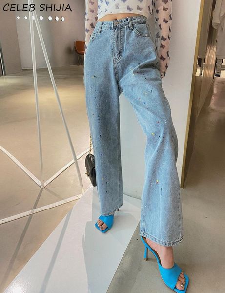 

shijia paint high waist denim jeans for woman ligtht blue loose straight pants female vintage boyfriend jeans mom bottoms 2021