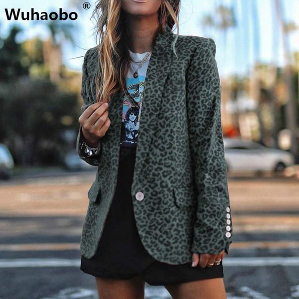 

wuhaobo spring autumn leopard blazer coat elegant office lady print button pocket new style gray yellow red casual women blazers, White;black