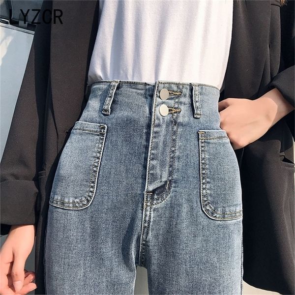 LYZCR Sommer Mom Skinny Jeans Frau Slim Hohe Taille Jeans Für Frauen Vintage Schwarze Jeans Frauen Knopf Tasche Jean Femme 201223