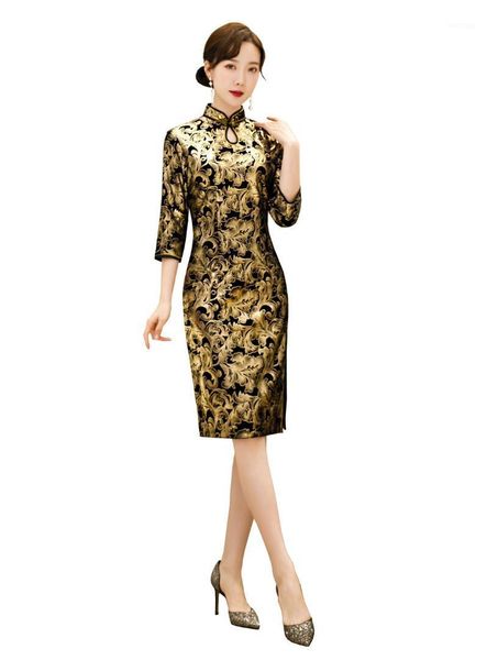 

shanghai story chinese qipao 3/4 sleeve knee length velvet cheongsam dress 4 style1, Red