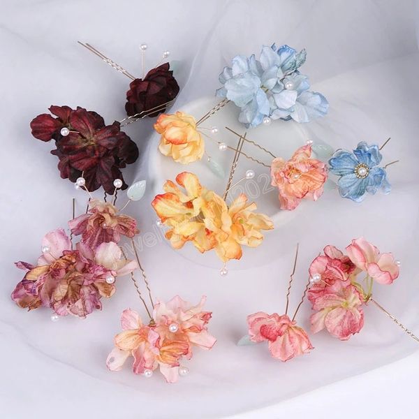 

silk flower pearl fork hairpin u type hair clip lady elegant headdress girls hair jewelry accessories p prop decoration, Golden;silver