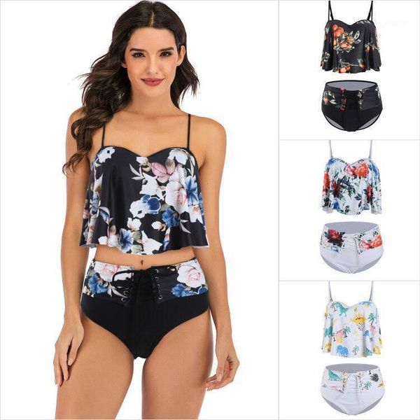 

factory direct 2020 european and american new swimsuits large multi-color printing swimsuits high waist slimming bikini1, White;black
