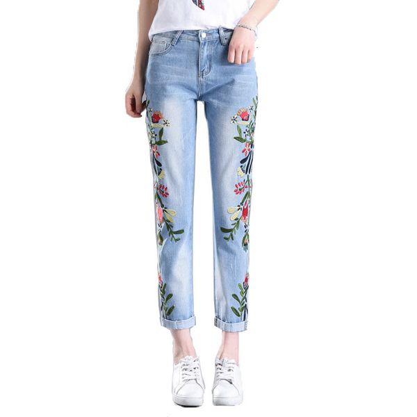 

2021 new breech women's high-waisted waistband retro-straight female spring casual summer embroidered cowboy pants kyld, Blue