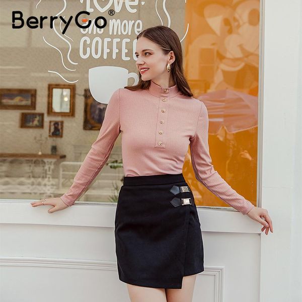 

berrygo elegant solid pink long sleeve women blouse autumn winter female knitted shirt party club button ladies 2020, White