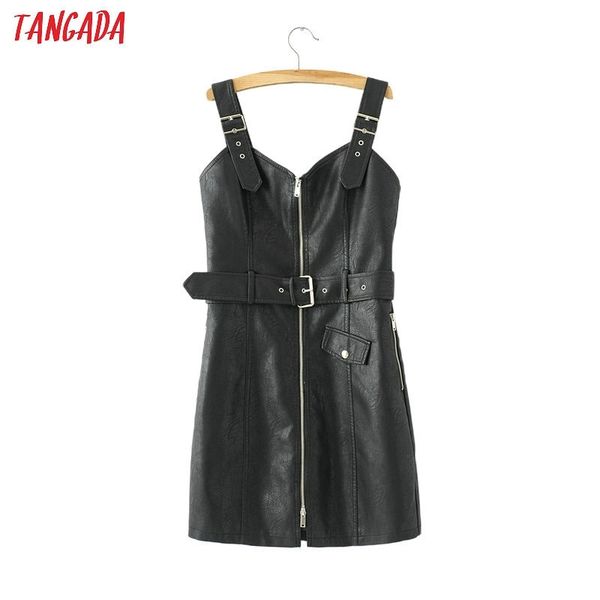 

women sleeveless pu faux leather dresses autumn winter adjust strap zipper female pink short dress with slash am05 y200805, Black;pink