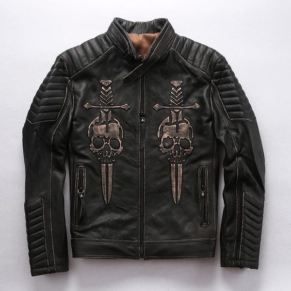 

2019 autumn winter thick cowhide jacket men vintage steel-print skull genuine leather coat stand collar double-sword warm jacket1, Black