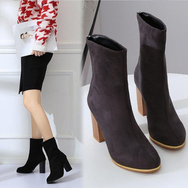 

concise elegant womens boots ankle short solid round toe high vintage boots classics fashion winter big size shoes, Black