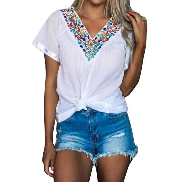 

women floral printed collar tshirt plus size short sleeve v-neck tee loose print t shirts 2020, White