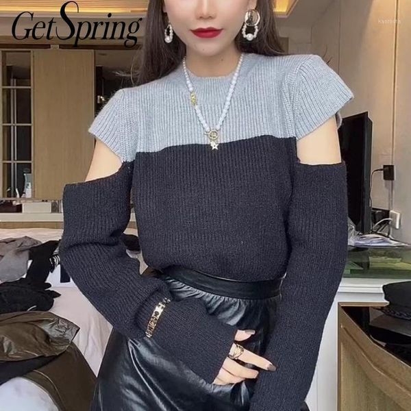 

getspring women sweater women irregular hollow out sweaters pullovers asymmetry off shoulder knitting 2020 new1, White;black