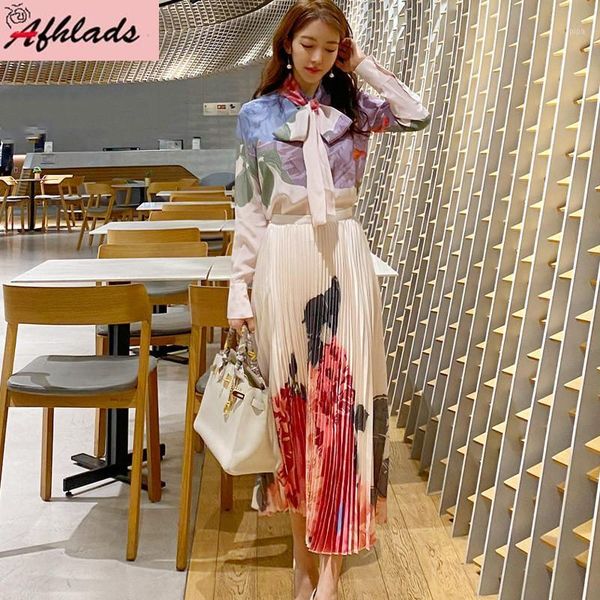 

spring and autumn new two-piece sets korean bow lace-up long-sleeved printed shirt + fashion pleated skirt women two-piece sets1, White