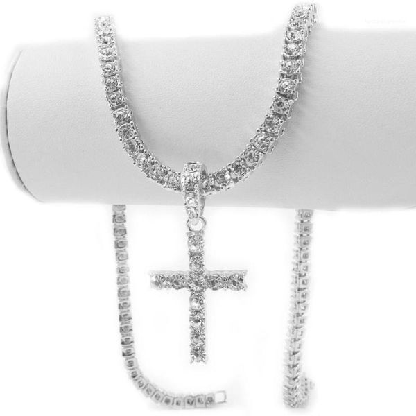 

chokers 16 inch women necklace with cross charm religion jewelry men's hip hop 1 row tennis chain iced out rapper rock singer1, Golden;silver