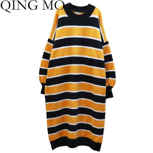 

qing mo black blue striped knitted dress women 2020 autumn winter o-neck plus size sweater dress pullovers long sweater qyf211a1, White;black