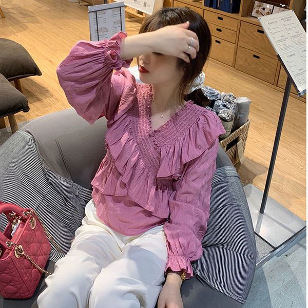 

2021 new chiffon blouses sweet ruffles solid color v-neck long-sleeved shirts women korean fashion clothing autumn new vce4, White