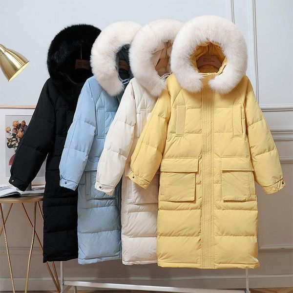

2020 new down jacket female long winter down coats women warm white duck parkas coat woman big fur collar hooded coats, Black