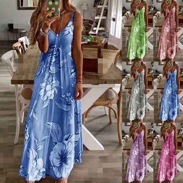 

floral printed women robe summer 2020 fashion sleeveless spaghetti strap slim long dress plus size stretch women dress 5xl1, Black;gray