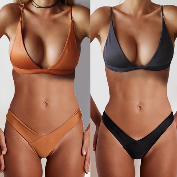 

2019 solid v-bikini open back split swimsuit set, White;black