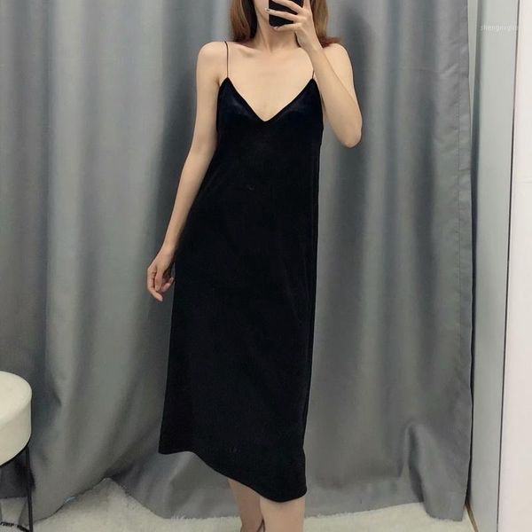 

autumn 2019 new fashion stretchy black velvet mid-calf skinny lady clothing women spaghetti strap tight fitting dress1, Black;gray