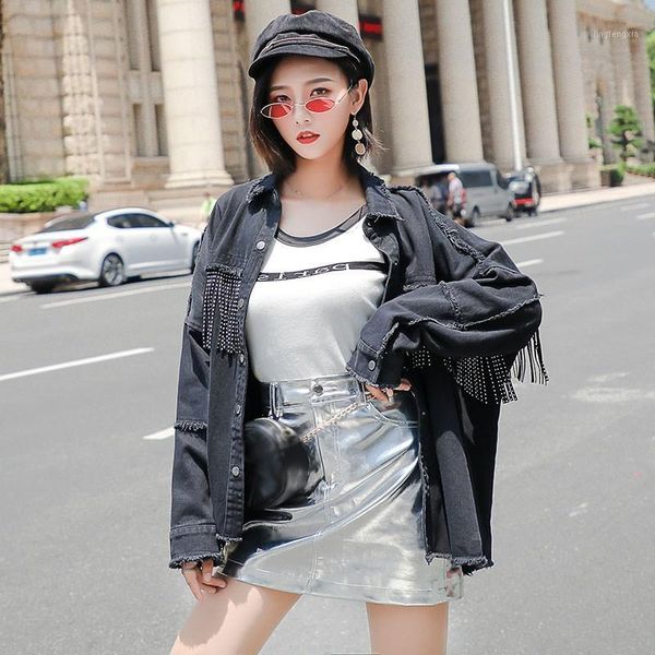 

fashion 2019 spring street fashion denim jacket high designer frayed burr tassel denim jacket women onesize loose black coat1, Black;brown