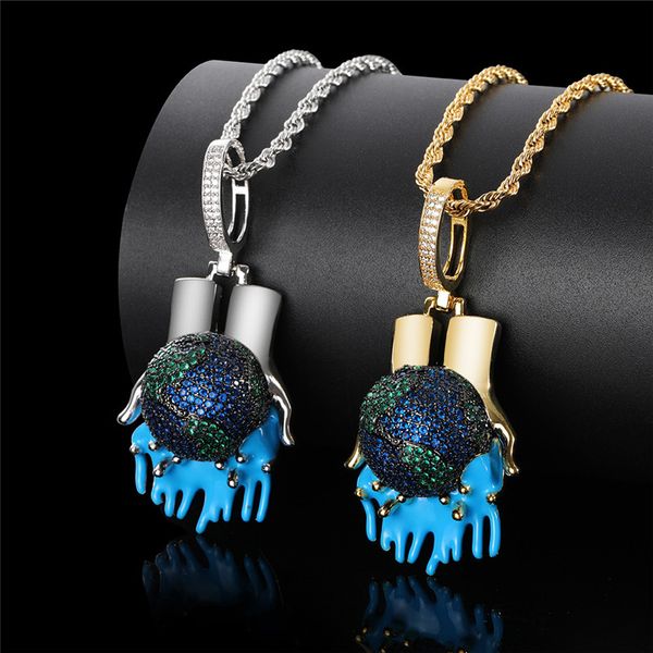 

new trendy hip hop gold plated full cz earth pendant with rope chain for men women jewelry gift for friend wholesale, Silver