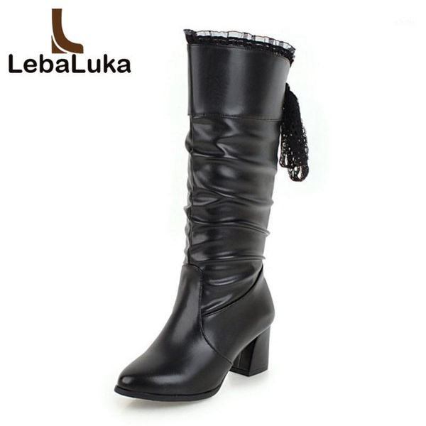 

tuyoki size 33-43 high heel women boots mid calf lace up ruffles winter shoes woman half short warm fur boots ladies shoes1, Black