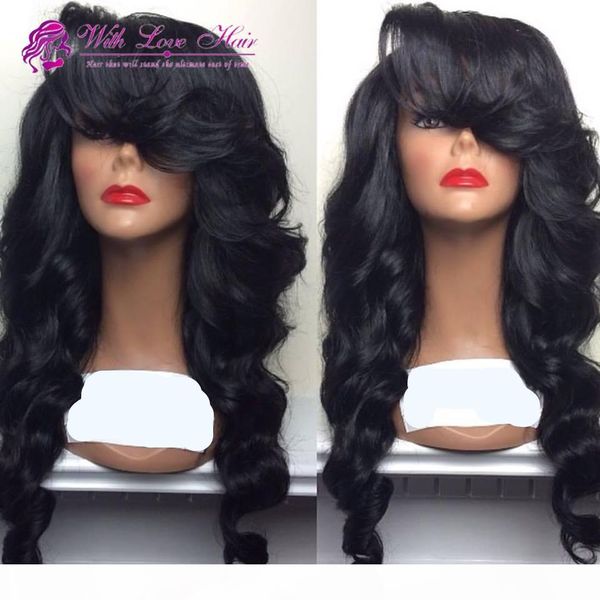 

withlovehair glueless synthetic lace front wig with bangs hair wig heat resistant female wig perucas in stock ing, Black