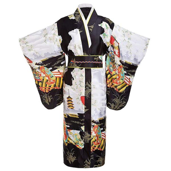 

japanese traditional young lady yukata with obitage satin kimono bathrobe gown vintage performace clothing print dress onesize, Red