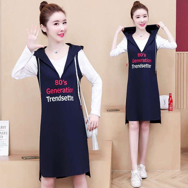

women's dress fall 2020 new oversized hooded fashion printed letter fake two dresses, Black;gray