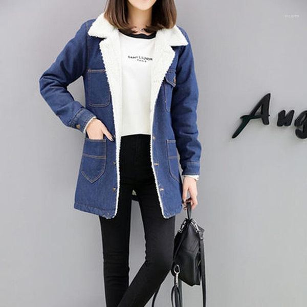 

2019 women's winter new denim lambswool warm cotton coat loose large size(s--5xl) lapel in the long section of cotton clothing1, Tan;black