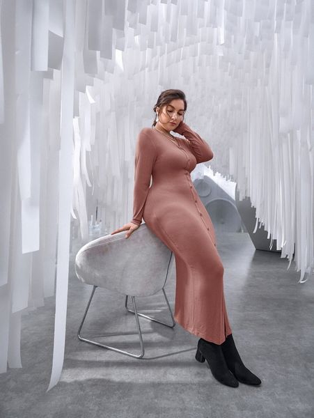 

plus button through ribbed knit bodycon dress k9zq#, Black