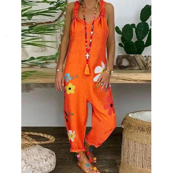 

flower print linen cotton jumpsuit women loose plus size sleeveless overall casual lace up strappy long romper playsuit, Black;white