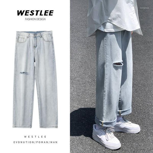 

wide-legged jeans male popular logo pendant feeling restoring ancient ways straight torre trousers of mop the floor1, Blue